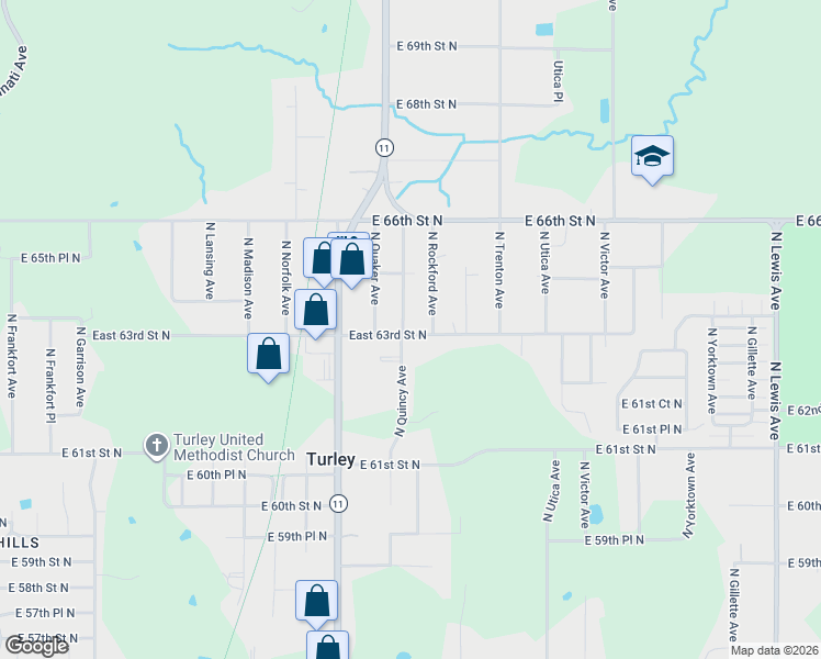 map of restaurants, bars, coffee shops, grocery stores, and more near 6302 North Quincy Avenue in Tulsa