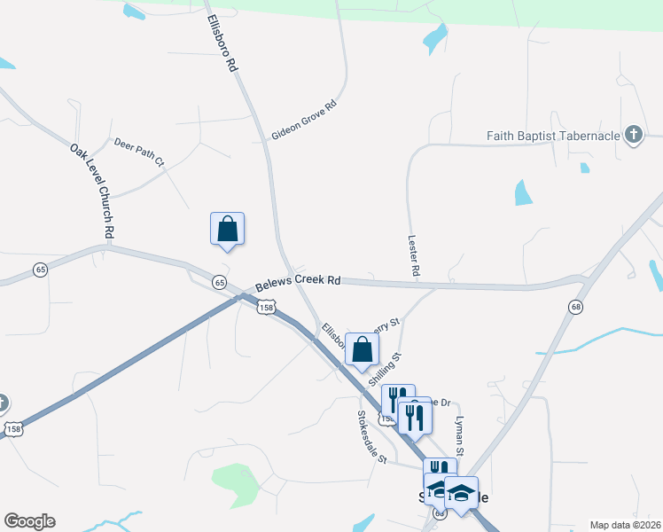 map of restaurants, bars, coffee shops, grocery stores, and more near 8128 Belews Creek Road in Stokesdale