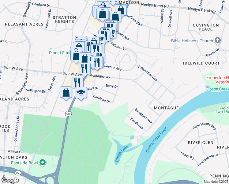 map of restaurants, bars, coffee shops, grocery stores, and more near 115 Berkley Drive in Nashville