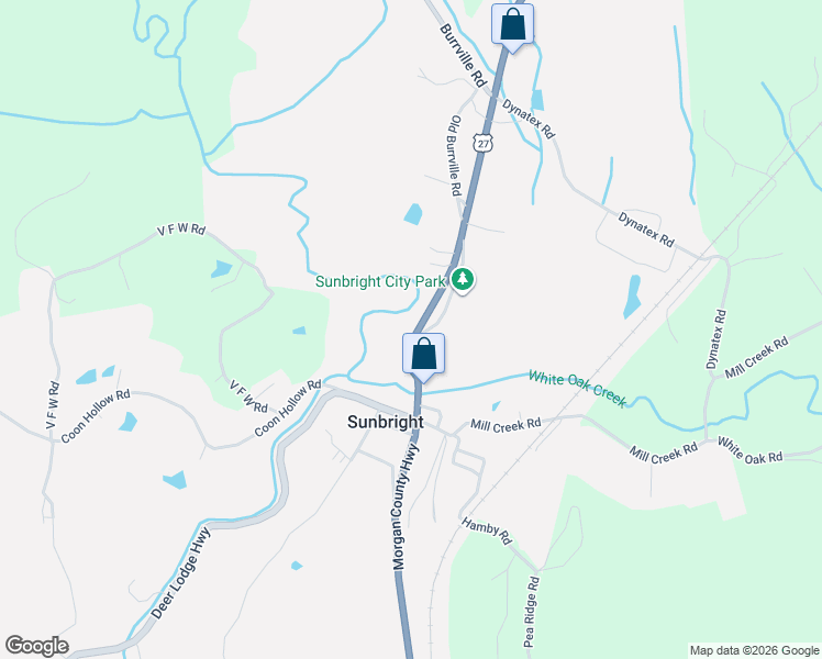 map of restaurants, bars, coffee shops, grocery stores, and more near 8203 Morgan County Highway in Sunbright