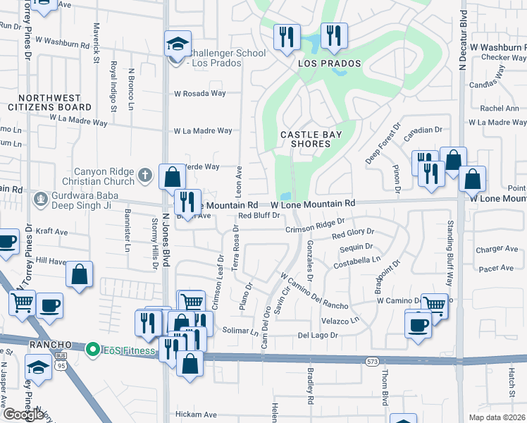 map of restaurants, bars, coffee shops, grocery stores, and more near 5600 Red Bluff Drive in Las Vegas