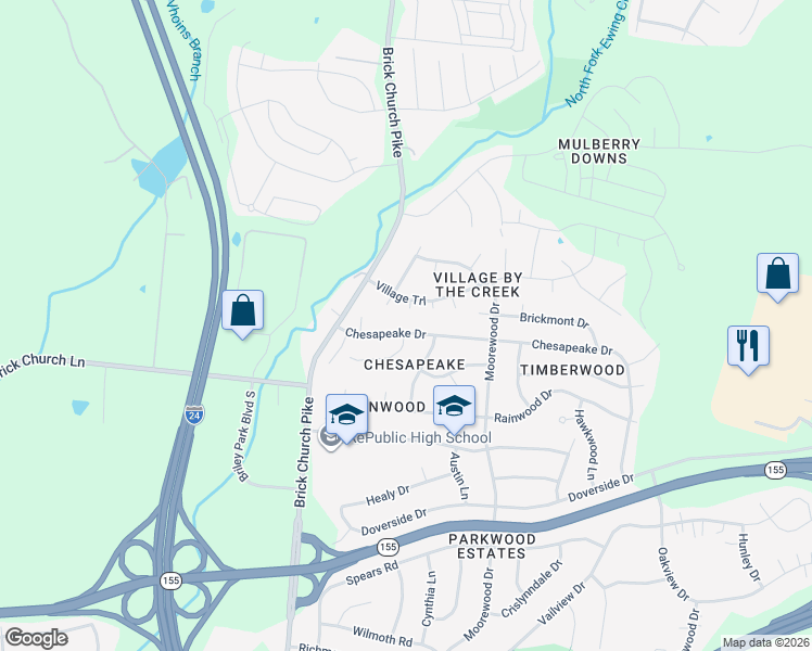 map of restaurants, bars, coffee shops, grocery stores, and more near 3535 Chesapeake Drive in Nashville