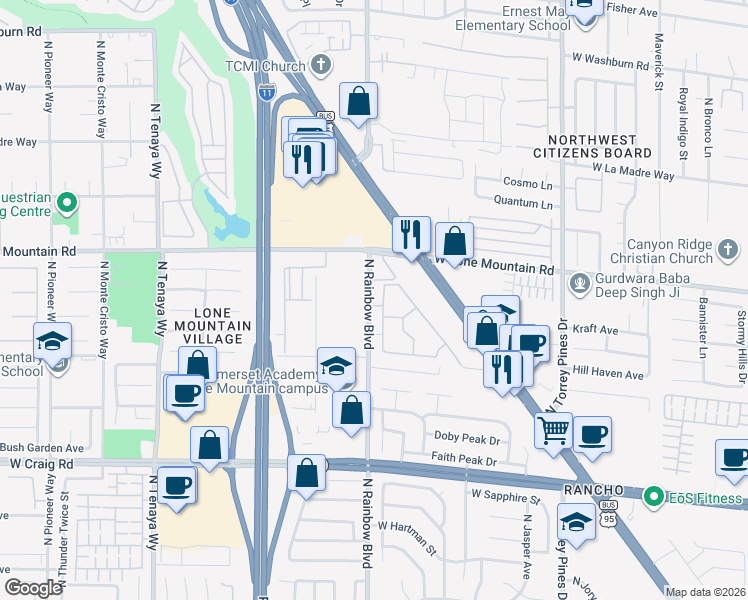 map of restaurants, bars, coffee shops, grocery stores, and more near 1219 North Rainbow Boulevard in Las Vegas