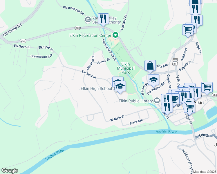 map of restaurants, bars, coffee shops, grocery stores, and more near 351 Elk Spur Street in Elkin
