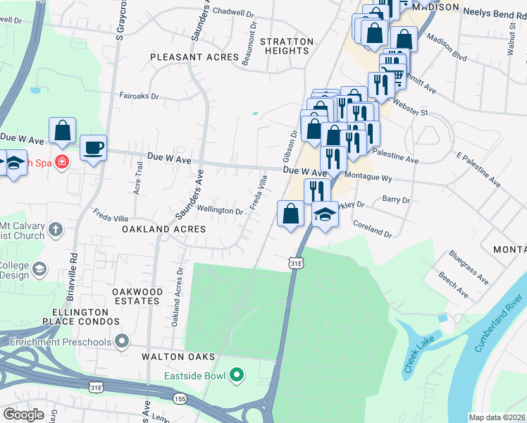 map of restaurants, bars, coffee shops, grocery stores, and more near 225 Freda Villa in Nashville