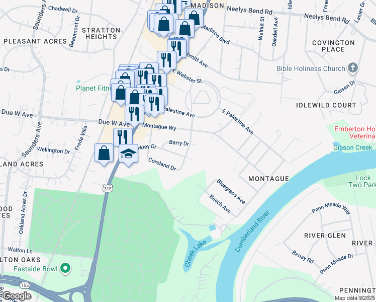 map of restaurants, bars, coffee shops, grocery stores, and more near 115 Berkley Drive in Nashville