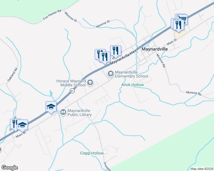 map of restaurants, bars, coffee shops, grocery stores, and more near 124 Myers Lane in Maynardville