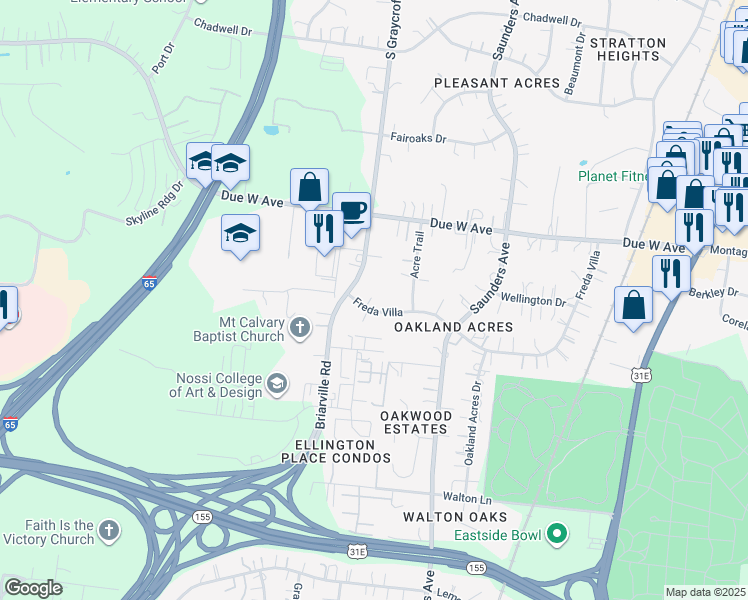 map of restaurants, bars, coffee shops, grocery stores, and more near 714 Freda Villa in Nashville