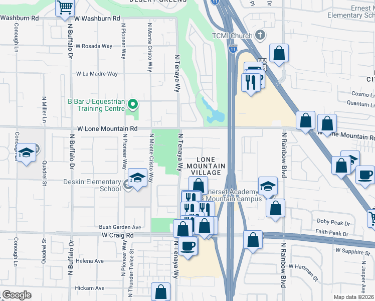 map of restaurants, bars, coffee shops, grocery stores, and more near 7140 Village Shore Court in Las Vegas