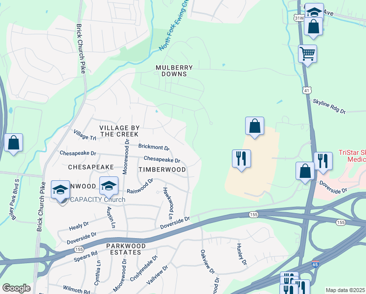 map of restaurants, bars, coffee shops, grocery stores, and more near 3340 Valley Creek Lane in Nashville