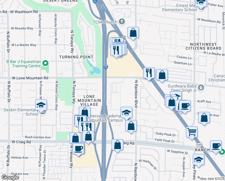 map of restaurants, bars, coffee shops, grocery stores, and more near 6885 West Lone Mountain Road in Las Vegas