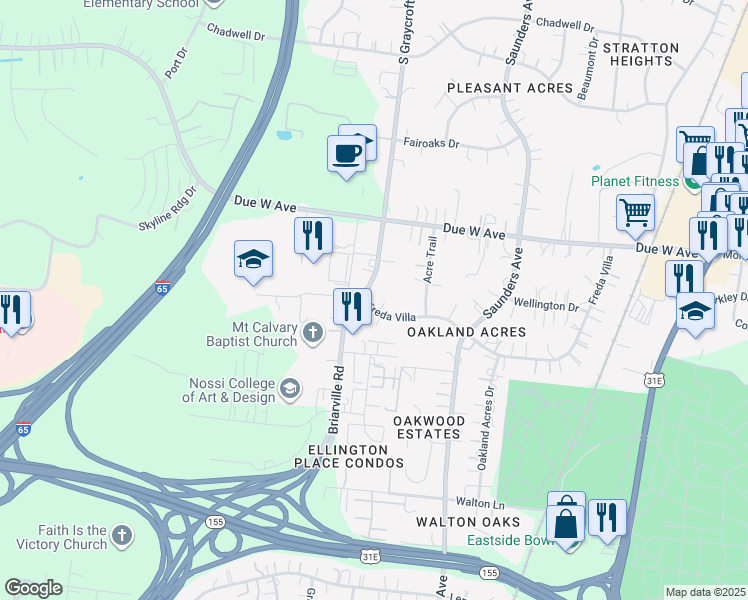 map of restaurants, bars, coffee shops, grocery stores, and more near 714 Freda Villa in Nashville