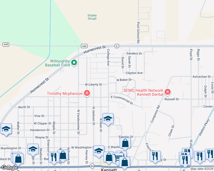 map of restaurants, bars, coffee shops, grocery stores, and more near 921 College Avenue in Kennett