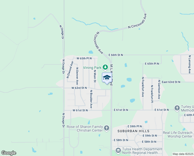 map of restaurants, bars, coffee shops, grocery stores, and more near 6321 North Main Street in Tulsa