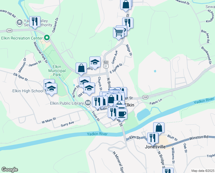 map of restaurants, bars, coffee shops, grocery stores, and more near 249 North Bridge Street in Elkin
