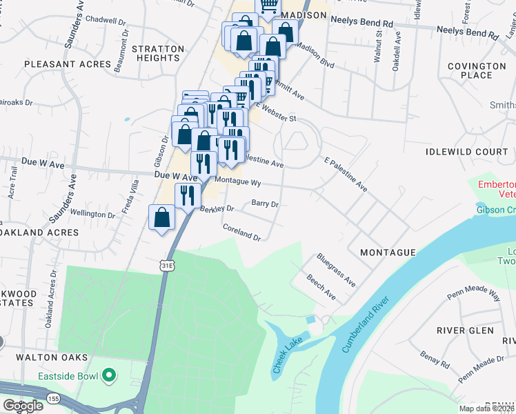 map of restaurants, bars, coffee shops, grocery stores, and more near 115 Berkley Drive in Nashville