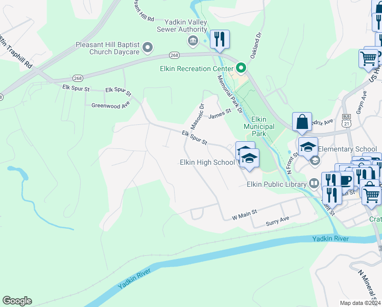 map of restaurants, bars, coffee shops, grocery stores, and more near 103 Texas Street in Elkin