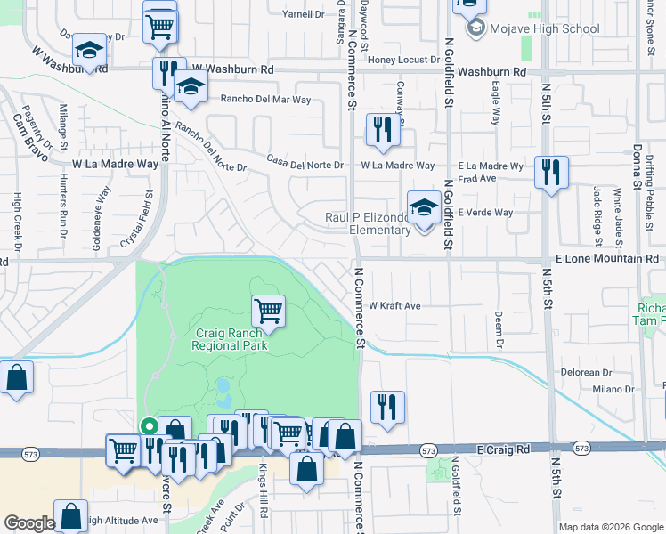 map of restaurants, bars, coffee shops, grocery stores, and more near 4770 Big Draw Drive in North Las Vegas