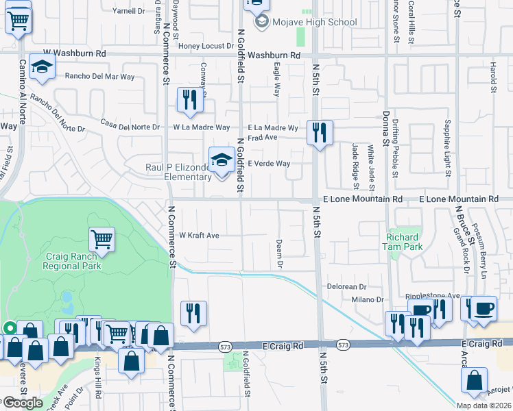 map of restaurants, bars, coffee shops, grocery stores, and more near 108 Dela Cruz Avenue in North Las Vegas