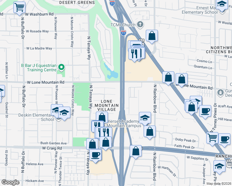 map of restaurants, bars, coffee shops, grocery stores, and more near 7008 Village Shore Court in Las Vegas