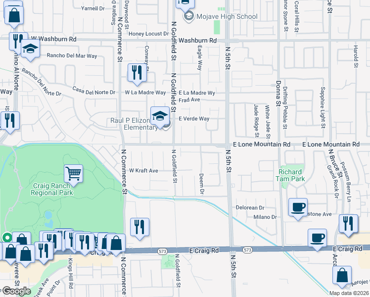 map of restaurants, bars, coffee shops, grocery stores, and more near 108 Dela Cruz Avenue in North Las Vegas