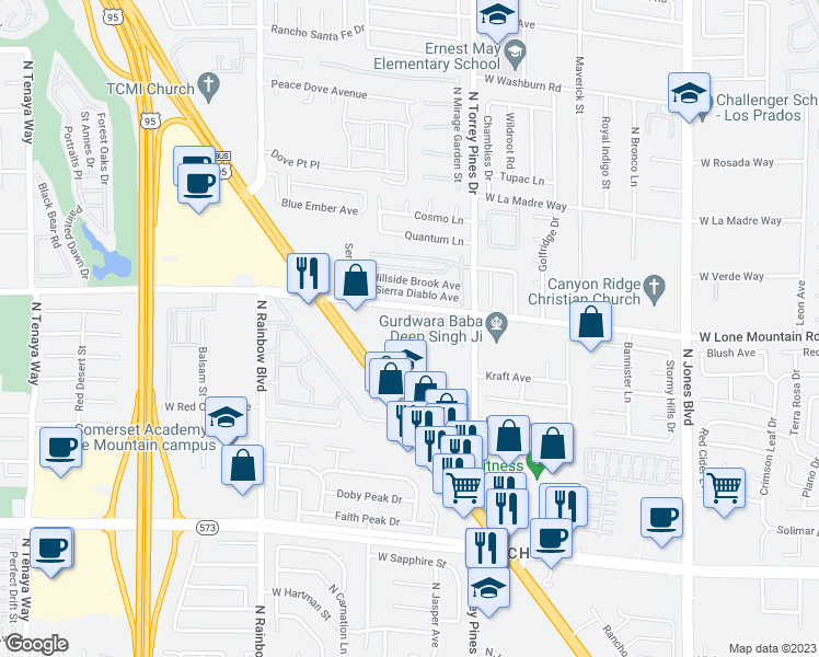 map of restaurants, bars, coffee shops, grocery stores, and more near 6489 Arbury Hall in Las Vegas