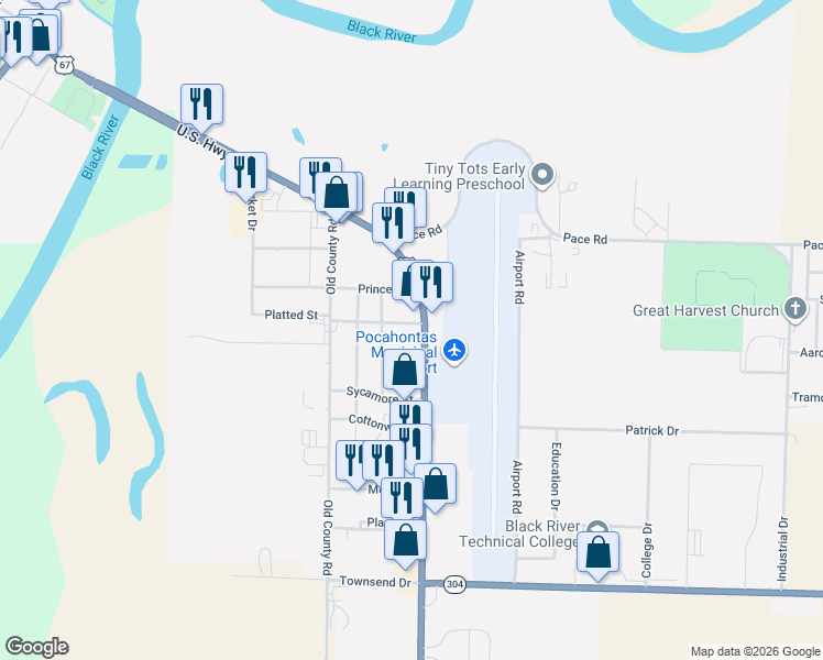 map of restaurants, bars, coffee shops, grocery stores, and more near 1001 Knott Street in Pocahontas