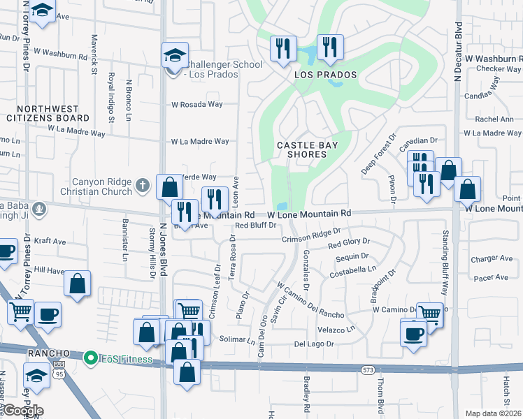 map of restaurants, bars, coffee shops, grocery stores, and more near 5600 Red Bluff Drive in Las Vegas