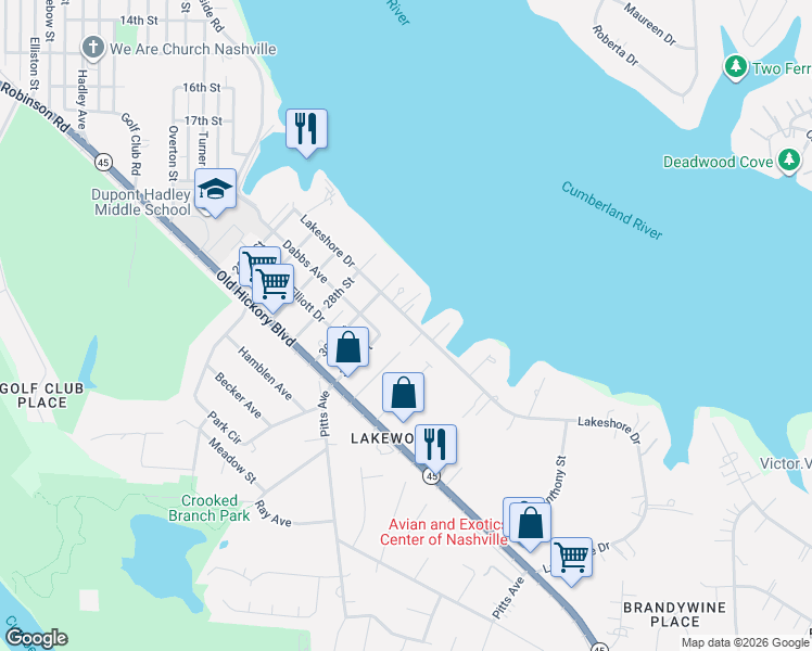 map of restaurants, bars, coffee shops, grocery stores, and more near 117 Tom Hartley Drive in Nashville