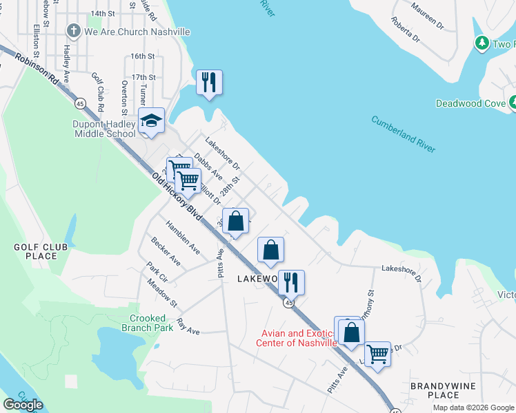 map of restaurants, bars, coffee shops, grocery stores, and more near 117 Tom Hartley Drive in Nashville