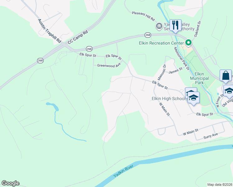 map of restaurants, bars, coffee shops, grocery stores, and more near 138 Newman Road in Elkin