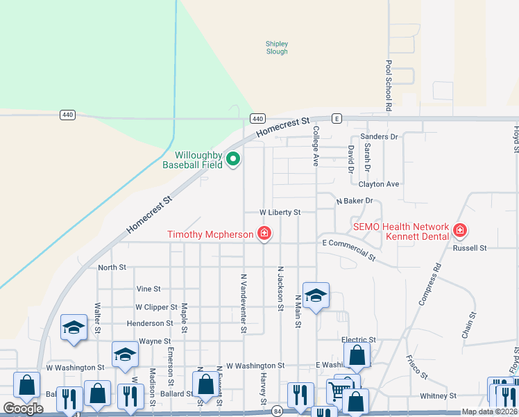 map of restaurants, bars, coffee shops, grocery stores, and more near 1008 N Baldwin St in Kennett
