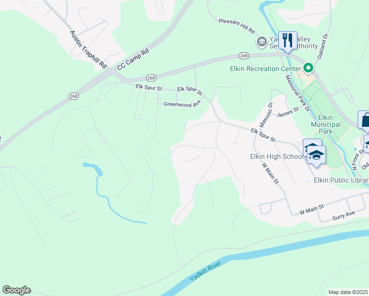 map of restaurants, bars, coffee shops, grocery stores, and more near 143 Reeves Lane in Elkin