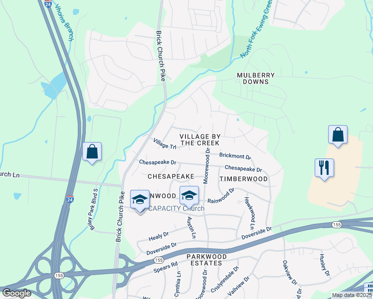 map of restaurants, bars, coffee shops, grocery stores, and more near 3633 Village Trail in Nashville