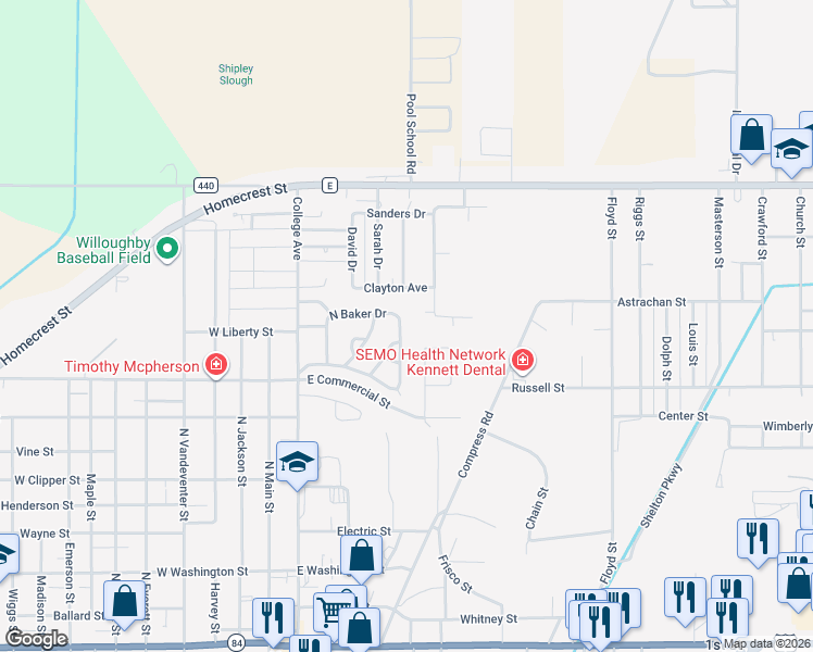 map of restaurants, bars, coffee shops, grocery stores, and more near 1001 Laurelwood Drive in Kennett