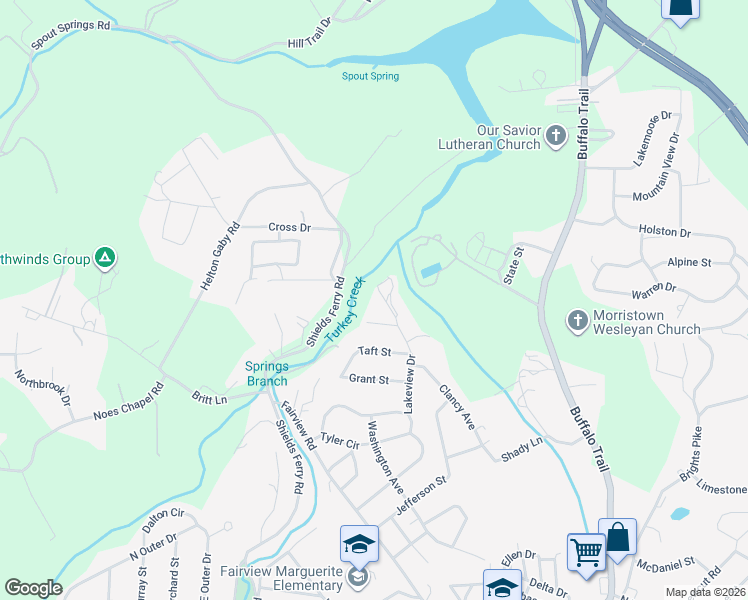 map of restaurants, bars, coffee shops, grocery stores, and more near 2540 Lakeview Drive in Morristown