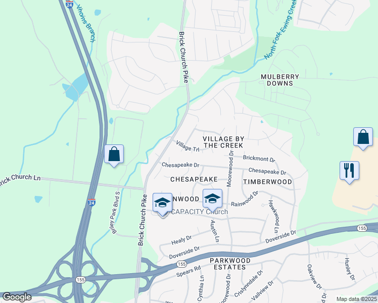 map of restaurants, bars, coffee shops, grocery stores, and more near 3404 Moonlight Drive in Nashville