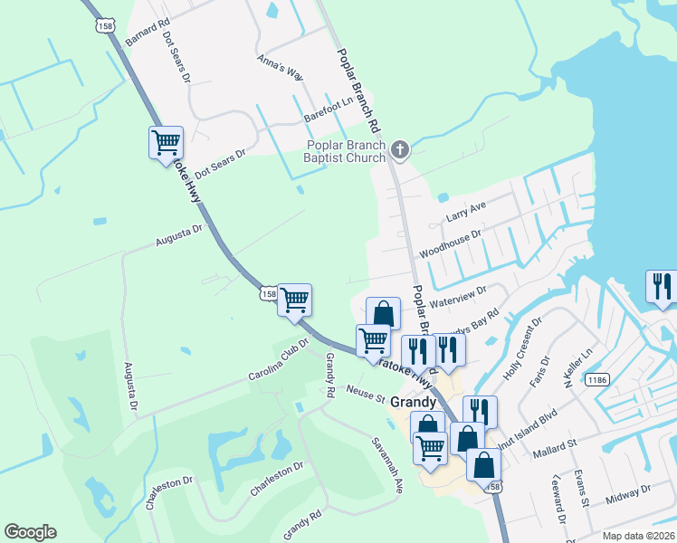 map of restaurants, bars, coffee shops, grocery stores, and more near 105 Tuckers Lair in Currituck