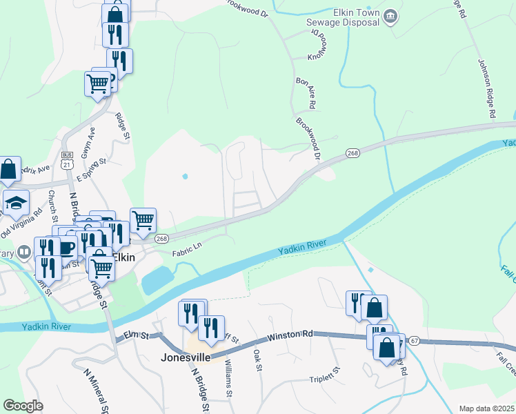 map of restaurants, bars, coffee shops, grocery stores, and more near 12 Veneer Street in Elkin