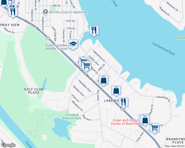 map of restaurants, bars, coffee shops, grocery stores, and more near 2609 Elliott Drive in Nashville