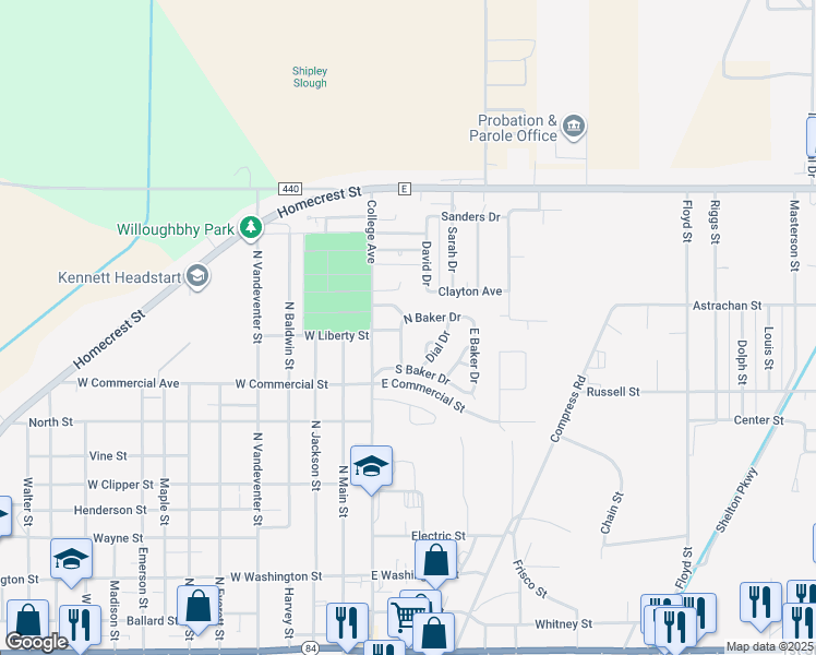 map of restaurants, bars, coffee shops, grocery stores, and more near 308 North Baker Drive in Kennett