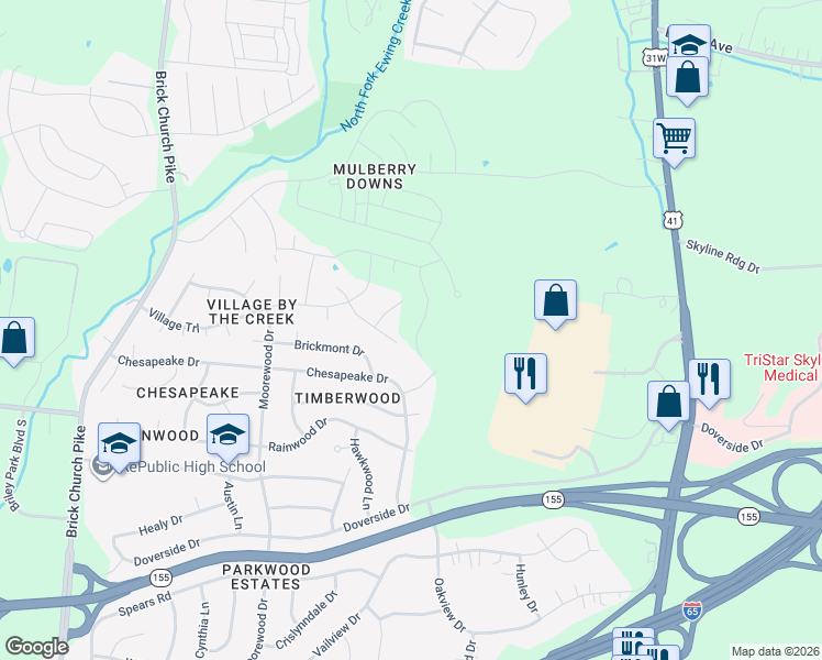 map of restaurants, bars, coffee shops, grocery stores, and more near 1112 Village Spring Drive in Nashville