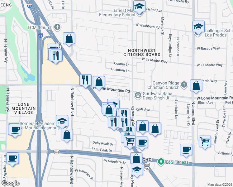 map of restaurants, bars, coffee shops, grocery stores, and more near 6445 Sierra Diablo Avenue in Las Vegas