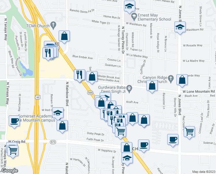 map of restaurants, bars, coffee shops, grocery stores, and more near 6481 West Abbotsford House Court in Las Vegas