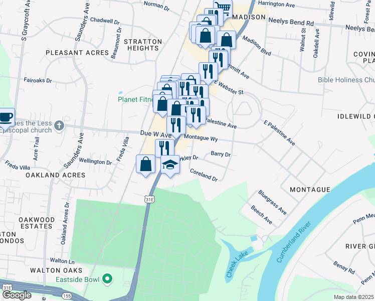 map of restaurants, bars, coffee shops, grocery stores, and more near 1202 Coreland Drive in Nashville