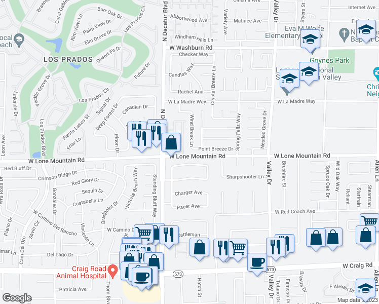 map of restaurants, bars, coffee shops, grocery stores, and more near 4817 Wind Break Lane in North Las Vegas