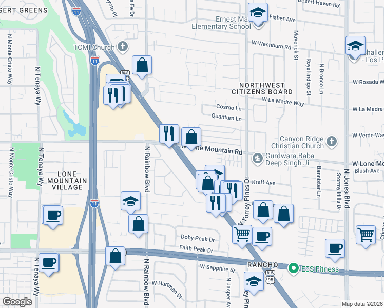 map of restaurants, bars, coffee shops, grocery stores, and more near 6515 West Lone Mountain Road in Las Vegas
