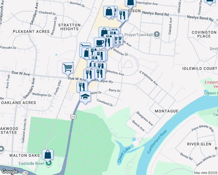 map of restaurants, bars, coffee shops, grocery stores, and more near 114 East Due West Avenue in Nashville