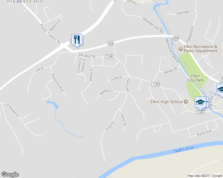 map of restaurants, bars, coffee shops, grocery stores, and more near 130 Reeves Lane in Elkin