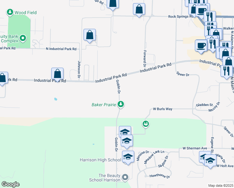 map of restaurants, bars, coffee shops, grocery stores, and more near 925 Goblin Drive in Harrison